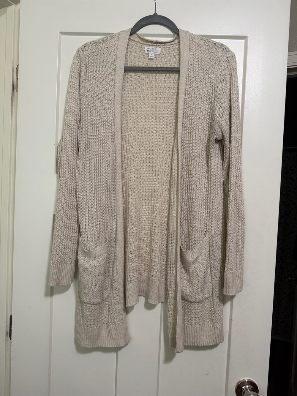 Beige Open-Front Knit Cardigan